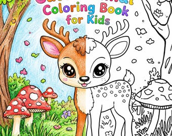 May include: A colorful children's coloring book cover featuring a deer with large eyes, half colored and half outlined. The cover text reads "Cute Animal Coloring Book for Kids" in rainbow colors. The background includes mushrooms and flowers.