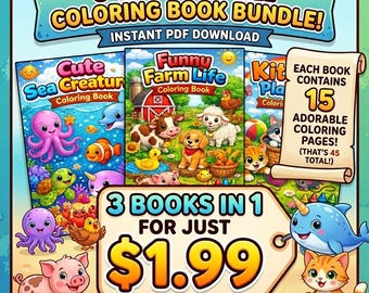 May include: A colorful digital coloring book bundle with three themes: Sea Creatures, Farm Life, and Kittens Playing. Each book contains 15 pages, totaling 45 pages. The bundle is available for instant PDF download.