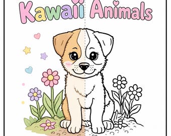 May include: A coloring book page featuring a cute puppy with tan and white fur, surrounded by flowers and hearts. The text "Kawaii Animals" is written in pastel colors at the top.