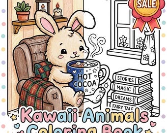 May include: A coloring book cover featuring a tan rabbit sitting in a brown armchair holding a blue mug labeled HOT COCOA. Beside the rabbit is a stack of books labeled STORIES, MAGIC, DREAMS, and FAIRY TALE. The text reads Kawaii Animals Coloring Book.