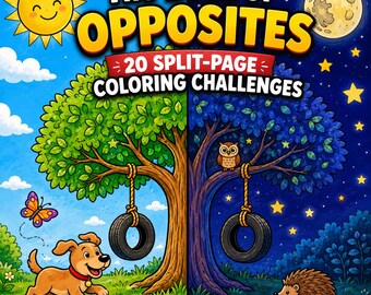 May include: A coloring book titled The Book of Opposites 20 Split-Page Coloring Challenges. The cover features a split design with a sunny day scene on the left showing a dog, tree, and tire swing, and a night scene on the right with an owl, tree, and hedgehog.