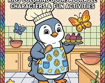 May include: A coloring book cover featuring a penguin wearing a chef hat and a light blue apron with lion patterns, holding a wooden spoon and a tray of cupcakes. The text reads KIDS COLORING BOOK: ADORABLE CHARACTERS & FUN ACTIVITIES.