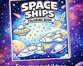 May include: A "Space Ships Coloring Book" for young children. The cover features illustrations of a rocket ship, a UFO, and other spacecraft against a colorful space background with planets and stars. The title is in large, white, bold letters.