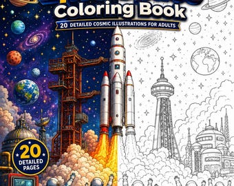 May include: The Epic Space Coloring Book features 20 detailed cosmic illustrations for adults. The cover displays a split design with a colorful space launch scene on the left and a black and white line art version on the right side.