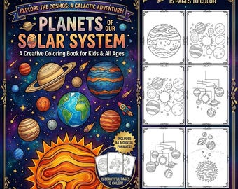 May include: A coloring book titled "Planets of Our Solar System" with colorful illustrations of planets, stars, and a rocket ship. The cover text reads "Explore the Cosmos: A Galactic Adventure!" and "A Creative Coloring Book for Kids & All Ages."