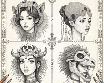 May include: A black and white illustration of a coloring book cover titled "The Mythic Headdress & Spirit Animal Coloring Odyssey." The cover features four portraits of people wearing animal-themed headdresses. Text includes "4 Unique Themes," "30+ Intricate Illustrations," and "Dive into the Ancient Worlds."