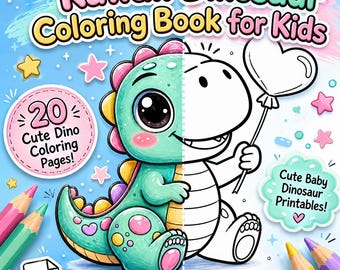 May include: A coloring book cover titled Kawaii Dinosaur Coloring Book for Kids featuring a split-design T-Rex illustration, half colored in green and pink and half in black and white line art, with text stating 20 Cute Dino Coloring Pages.