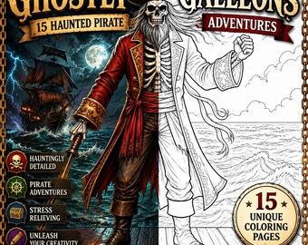 May include: A coloring book cover with the title "Ghostly Galleons Adventures" featuring a half-colored, half-line art illustration of a skeletal pirate. The cover includes text that reads "15 Haunted Pirate" and "15 Unique Coloring Pages". The color scheme is red, gold, and black.