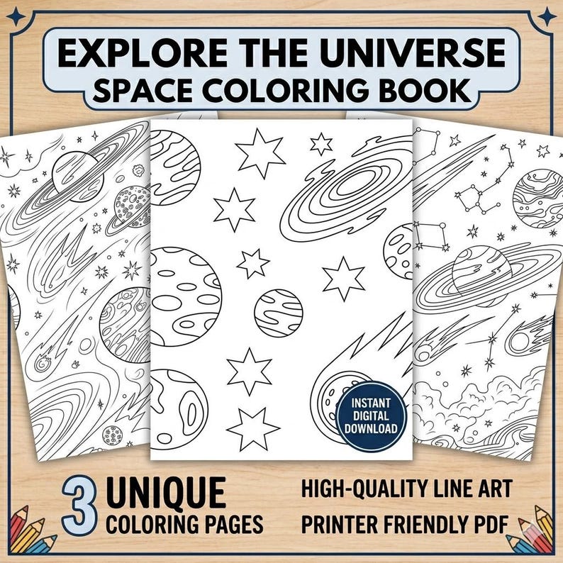 May include: A space-themed coloring book with the text "EXPLORE THE UNIVERSE SPACE COLORING BOOK." The cover features three unique coloring pages with planets, stars, and galaxies. The book includes high-quality line art and is printer-friendly.