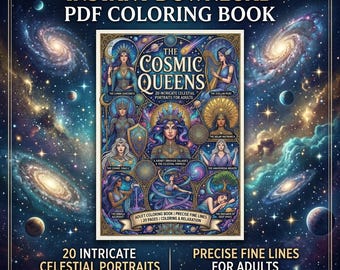 May include: A digital PDF coloring book titled "The Cosmic Queens" featuring 20 intricate celestial portraits for adults. The cover art showcases illustrations of celestial figures against a backdrop of galaxies and stars. The book is ready to print in A4/Letter size.