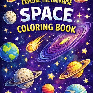 May include: A vibrant space-themed coloring book cover with the title "Explore the Universe Space Coloring Book." The cover features illustrations of planets, stars, comets, and galaxies against a dark blue and purple starry background. The book has 16 pages to color.