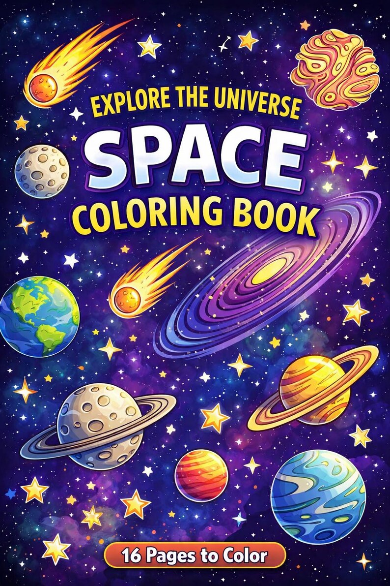 May include: A vibrant space-themed coloring book cover with the title "Explore the Universe Space Coloring Book." The cover features illustrations of planets, stars, comets, and galaxies against a dark blue and purple starry background. The book has 16 pages to color.