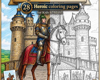 May include: A digital download coloring book titled "Knights on Horseback" with 28 heroic coloring pages for kids and adults. The cover features a knight in armor on horseback in front of a castle. Includes uncolored interior samples and a digital download option.