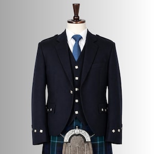 Chaqueta Argyll negra y chaleco de 5 botones / Lana Barathea / Traje tradicional escocés / Chaqueta para kilt de boda / Tallas personalizadas disponibles