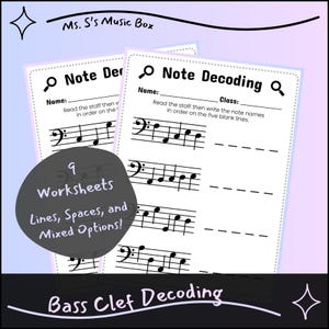 以下が含まれることがあります： 「Note Decoding」というタイトルの音楽教育用の2つのワークシートと、低音部記号。ワークシートには音符名を書き込むための線が含まれています。濃い灰色の円には「9 Worksheets Lines, Spaces, and Mixed Options！」と書かれています。「Bass Clef Decoding」というテキストが一番下にあります。