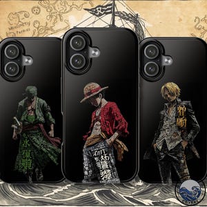 Anime pirattelefonskal, typografisk konst iPhone 17 16 15-skal, japansk manga Samsung Galaxy S25 S24-skal, stråhatt-besättningsgåva för fans
