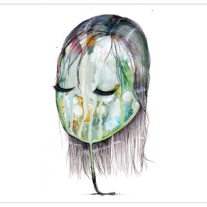 May include: A watercolour illustration of a face with closed eyes, featuring a green and multi-coloured design. Long black hair frames the face, and the image has a surreal, dreamlike quality. The artwork is set against a white background.