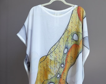Túnica de gasa de seda pintada a mano, arte abstracto para vestir.