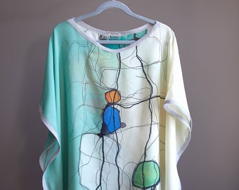 Túnica de gasa de seda pintada a mano, arte moderno para vestir.