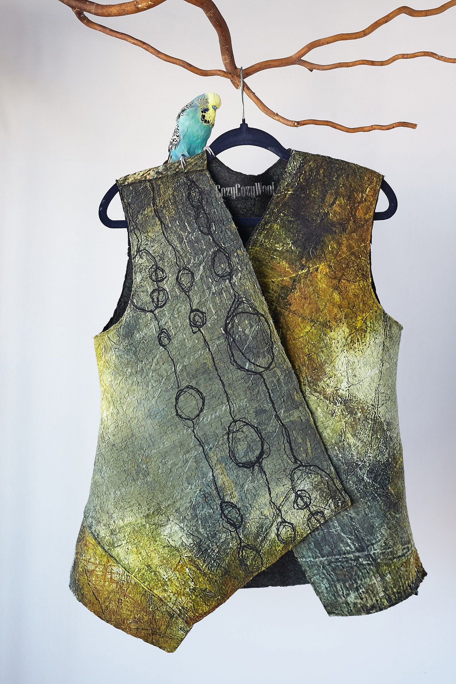 Artisanally Made Merino Wool Vest Nuno Felted Silk Artwear, Boho Statement Piece