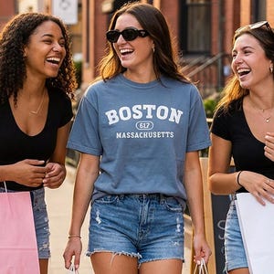 May include: Three young people walking down a city street, each carrying shopping bags. One wears a blue t-shirt with "BOSTON" printed on it. The image includes the text "Old school baby...if you know you know if you don't you're probably from Connecticut."