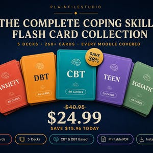 May include: A collection of five decks of flash cards titled The Complete Coping Skills Flash Card Collection. The decks are red, orange, teal, purple, and green, labeled Anxiety, DBT, CBT, Teen, and Somatic. A yellow circle indicates a 38% savings.