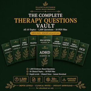 Könnte beinhalten: Eine Sammlung von zehn dunkelgrünen digitalen Büchern mit dem Titel The Complete Therapy Questions Vault, verziert mit goldenem Text und Blattillustrationen. Die Themen umfassen Angst, Depression, Trauer, Trauma, Selbstwertgefühl, Wutbewältigung, Paartherapie, Teenager, ADHS und Zwangsstörungen.