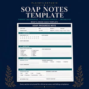 May include: A printable SOAP progress note template for therapist documentation. The document features sections for Subjective, Objective, Assessment, and Plan, with fields for client details, mood ratings, mental status exams, and clinical impressions.