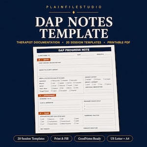 Peut inclure: Un modèle de note de progression DAP pour la documentation des thérapeutes sur une feuille blanche. Le document comprend des sections pour les données, l'évaluation et le plan, avec des champs pour le nom du client, la date et le diagnostic.