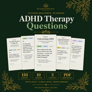 Puede incluir: Gráfico verde oscuro con el texto "ADHD Therapy Questions" y varias tarjetas con indicaciones. La imagen también incluye el texto "150 Evidence-Based Prompts PDF Download" y "For Educational Use Only."