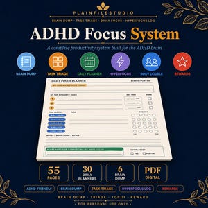 May include: A digital ADHD Focus System planner page on a dark background. The page includes sections for daily focus, priority tasks, time blocks, energy levels, and rewards. Icons for brain dump, task triage, daily planner, hyperfocus, and body double are shown.