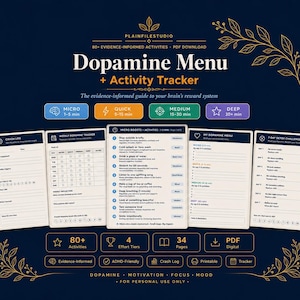 Può includere: Un download PDF di un menu della dopamina e un tracker delle attività su sfondo blu scuro con accenti floreali dorati. Il set include cinque pagine con elenchi, caselle di controllo e tabelle per monitorare le abitudini quotidiane e le riflessioni.