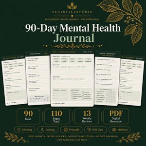 Puede incluir: Un diario de salud mental de 90 días, recurso digital de 110 páginas con 13 revisiones semanales y avisos diarios. El diseño incluye controles de estado de ánimo, preguntas de reflexión, secciones de gratitud y rastreadores de hábitos en páginas crema.