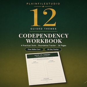 May include: A digital codependency workbook featuring 12 guided themes, 4 practical tools, a boundaries tracker, and 36 pages. The document includes a Mine vs. Theirs awareness worksheet with columns for what I can control and what I cannot control.