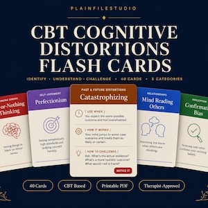 May include: A set of CBT Cognitive Distortions flash cards featuring five colored cards labeled All-or-Nothing Thinking, Perfectionism, Catastrophizing, Mind Reading Others, and Confirmation Bias, with text explaining each concept and how to challenge it.