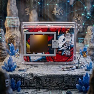 May include: A clear, rectangular digital device with a screen, buttons, and a keychain. The device is encased in a clear plastic case, revealing a red and white patterned interior. The background features blue crystals and digital graphics.