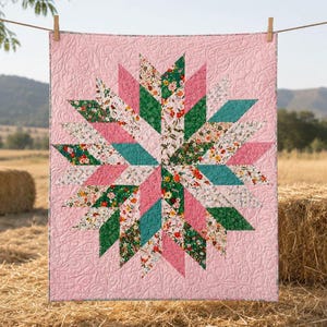 Blommig stjärnquiltmönster PDF, modernt quiltmönster, åttauddigt stjärnquilt, lapptäckeshandledning, sömnadsmönster direkt nedladdning