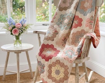 Patrón de colcha "Jardín de la Abuela" en PDF, colcha de patchwork floral hexagonal, patrón de costura DIY ideal para principiantes (descarga instantánea).