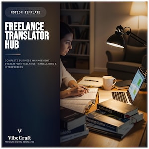 May include: Image of a Notion template titled "FREELANCE TRANSLATOR HUB." The template is designed for freelance translators and interpreters. The image shows a person working at a desk with books, a laptop, and a coffee mug. The VibeCraft logo is at the bottom.
