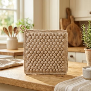 May include: A square, beige crochet potholder with a loop for hanging. The potholder features a textured, raised dot pattern across its surface. It sits on a wooden countertop, with a neutral-toned kitchen setting in the background.
