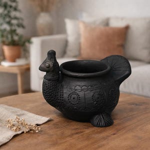 Puede incluir: Una maceta negra de cerámica con forma de gallina y superficie texturizada detallada. La maceta tiene una abertura redonda para plantas y está decorada con patrones circulares y lineales. Se encuentra sobre una mesa de madera.