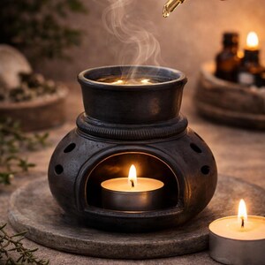 Könnte beinhalten: Ein schwarzer Keramik-Aroma-Diffusor mit einer brennenden Teelichtkerze im Inneren. Dampf steigt aus dem Wasser im Diffusor auf. Eine Hand hält eine Tropfflasche und gibt Öl ab. Die Szene vermittelt ein Gefühl der Entspannung und Aromatherapie.