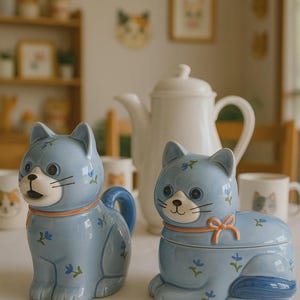 Vintage Otagiri Japan Blue Cat Creamer and Sugar Bowl Set, 1980s Ceramic Kitty Tableware, Hand Painted Floral Japan Pottery, Grannycore Gift