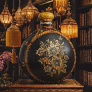 May include: A round, black decorative bottle with a yellow stopper and floral design. The bottle features a detailed painting of blue, orange, and white flowers. The bottle is displayed on a wooden table in a room with hanging lamps.