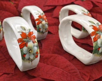 Vintage Christmas Bone China Napkin Rings Set of 5, Porcelain Poinsettia Holiday Table Decor, Retro Xmas Tablescape, Festive Fine China Gift