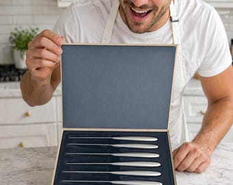 Vintage Chicago Cutlery Landmark Forged Steak Knife Set of 8 - New Old Stock 75th Anniversary Edition - Stainless Steel 4" Blades