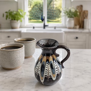 May include: A decorative ceramic creamer with a dark brown handle and spout. The creamer has a black base and is adorned with a pattern of blue, tan, and white wavy lines. Two ceramic mugs filled with coffee are in the background.