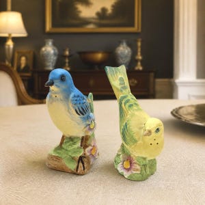 May include: Two ceramic bird figurines serving as salt and pepper shakers. One bird is blue with a yellow chest, perched on a brown branch with pink flowers. The other bird is yellow with green wings, also perched on a base with pink flowers.