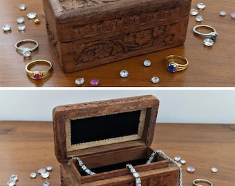 Vintage Hand Carved Wood Jewelry Box with Floral Inlay, Made in India Boho Trinket Box, Sheesham Rosewood Keepsake Box, Black Velvet Lined