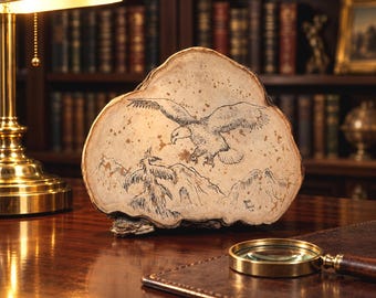 Vintage 1978 Artist Conk Mushroom Folk Art Hand Etched Eagle Mountain Landscape Sculpture, Signed Marti Miller Rare Cured Bracket Fungus